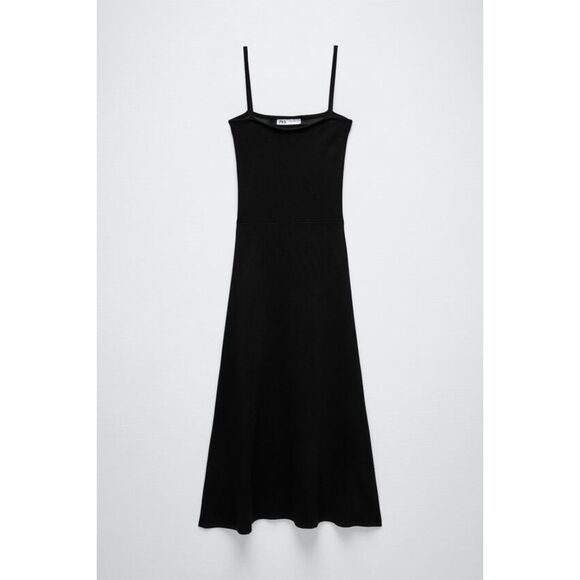 Black Zara Square-Neck Fit-and-Flare Spaghetti Strap Pullover Midi Dress (NWT) - Picture 1 of 9
